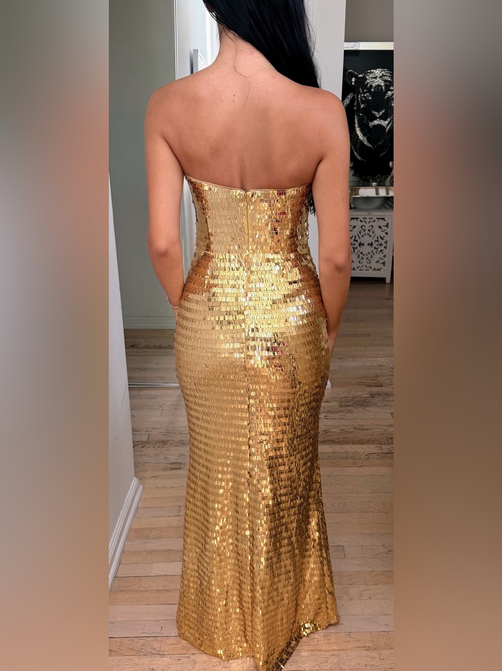 Simon Miller Gold Strapless Sequin Column Gown | Metallic Evening Dress - Picture 3 of 11